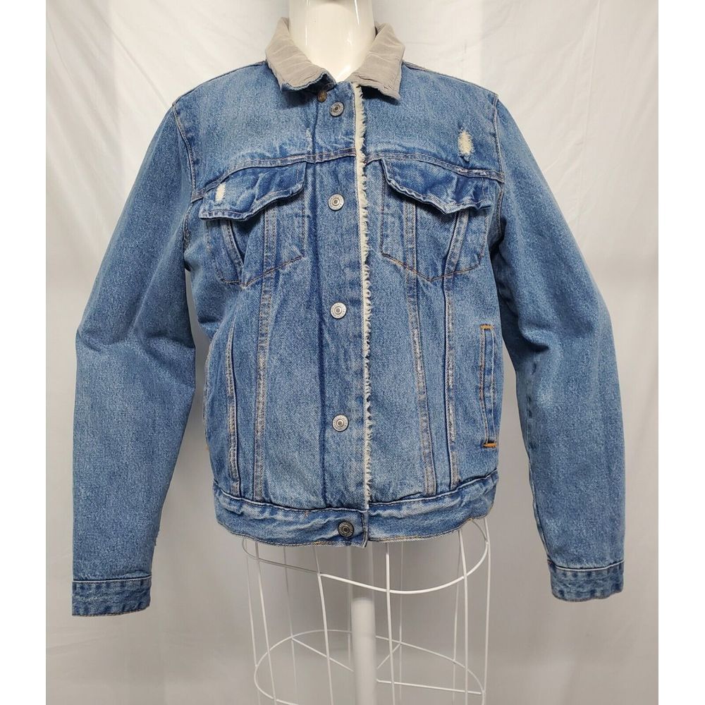 Abercrombie & Fitch Mens ‎ Distressed Sherpa Trucker Blue Denim Jacket Medium